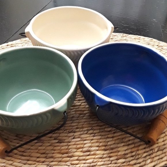 Stoneware Ribbed Bowl with Wooden Handle, Set of 3 - Picture 4 of 9